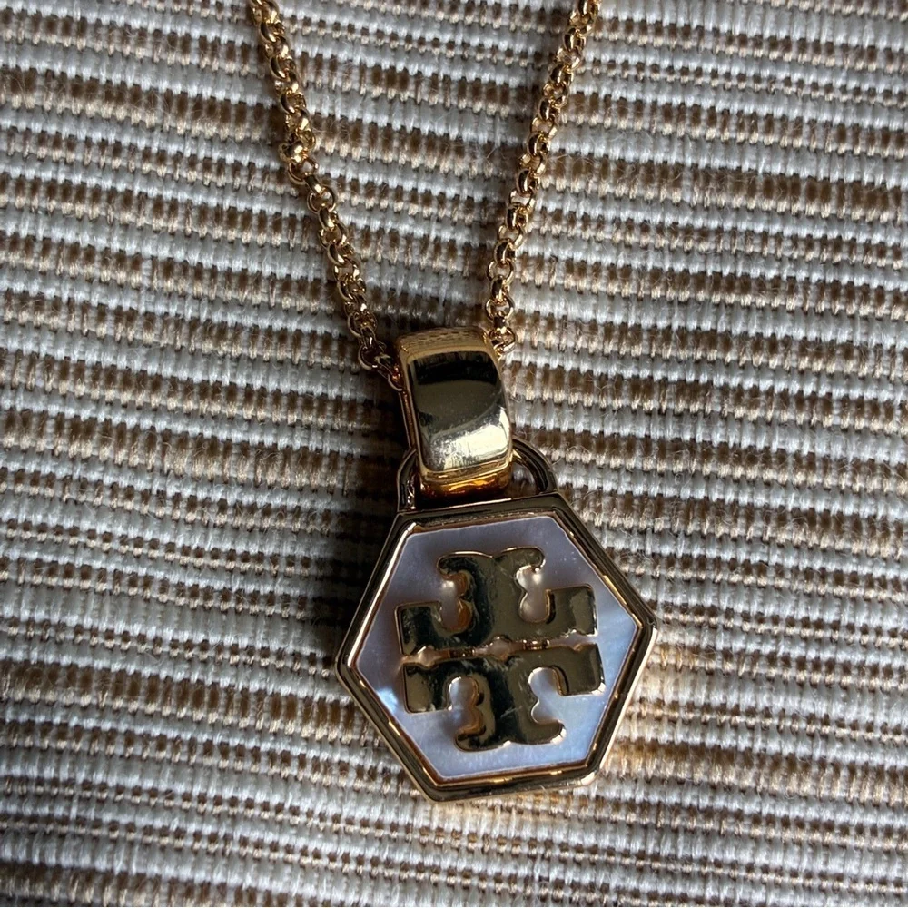 Tory Burch Gold Mother of Pearl Hexagon Pendant Necklace NWT
